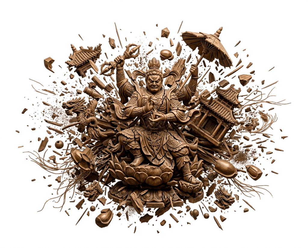 Exploding wooden statue with splinters and dust on transparent background